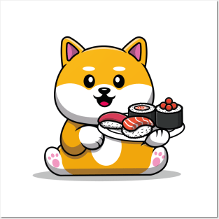 Cute Kawaii Cat with Sushi Posters and Art